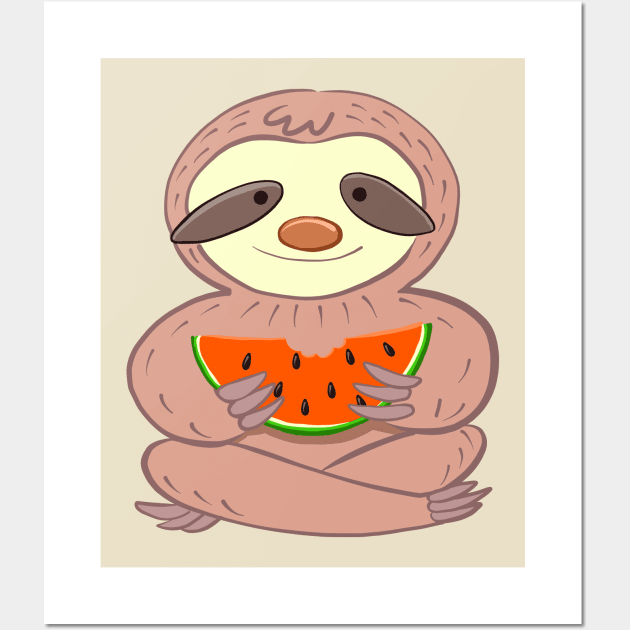 Sloth sitting and eating watermelo Wall Art by duxpavlic